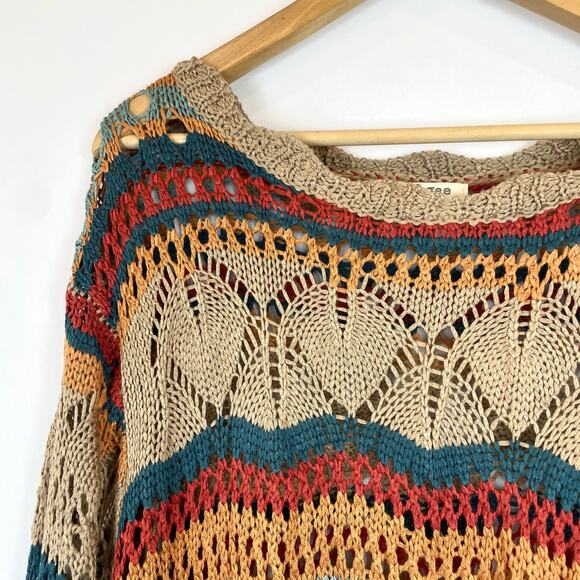 Umgee Multicolor Crochet Stripe Pullover Sweater With Scalloped Hem - Picture 6 of 12